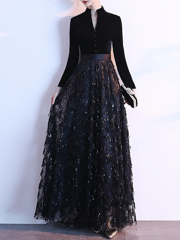 A-Line/Princess Queen Anne Long Sleeve Floor-Length Velvet Evening Dresses with Sequin & Sash - Image 3
