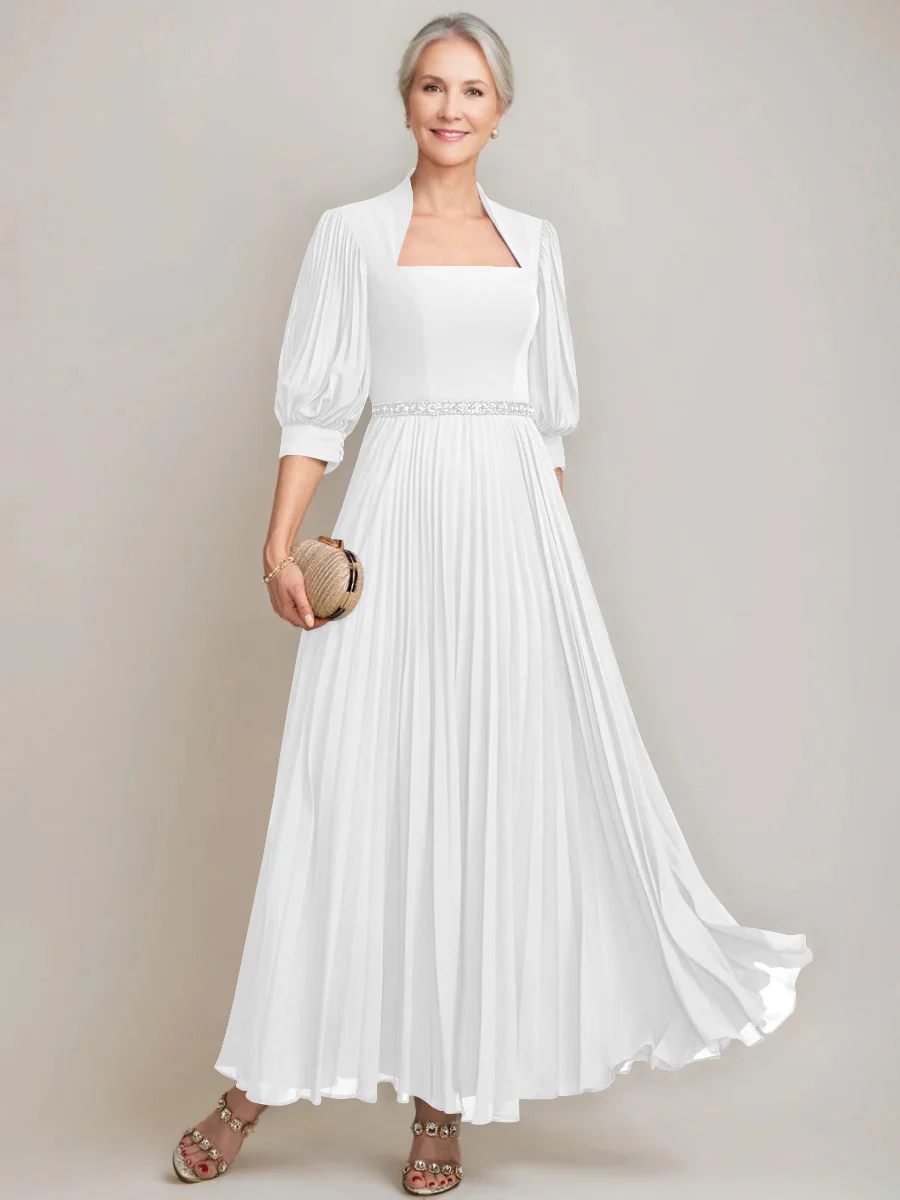 A-line/Princess Queen Anne Neckline Ankle-Length Pleated Mother of the Bride Dresses with Sequins & Beads - Image 50