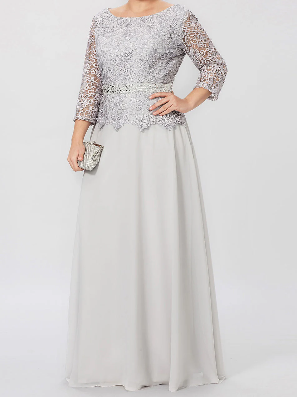 A-Line/Princess Round Neck 3/4 Length Sleeves Floor-Length Mother of the Bride Dresses with Applique & Sequins - Image 3