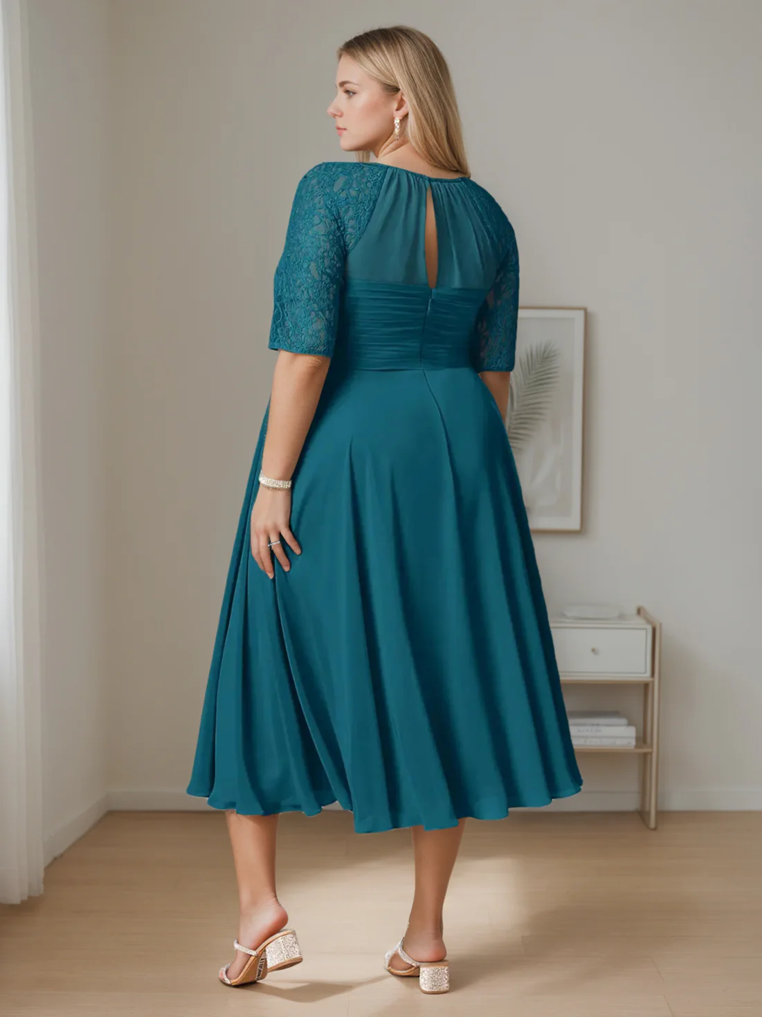 A-Line/Princess Round Neck Half Sleeves Tea-Length Plus Size Mother of the Bride Dresses with Ruffles - Image 2