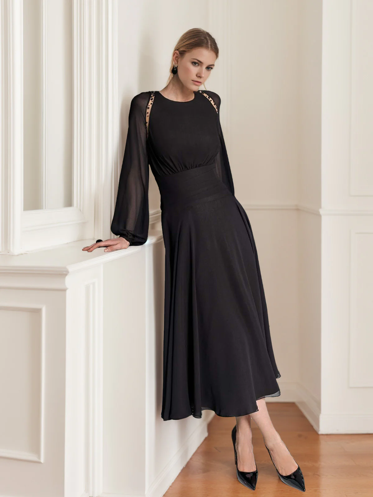 A-Line/Princess Round Neck Long Sleeves Tea-Length Mother of the Bride Dresses with Beading