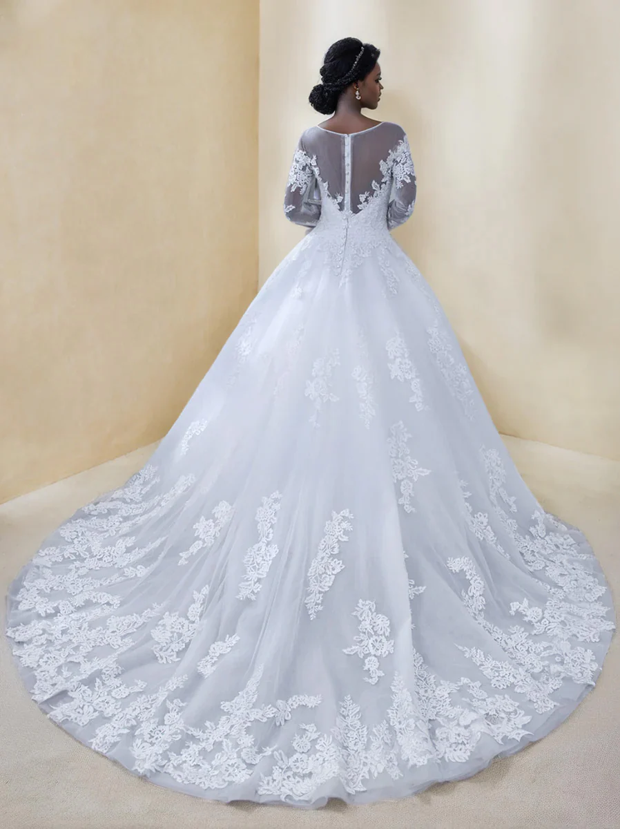 A-Line/Princess Round Neck Long Sleeves Wedding Dresses with Lace Appliques - Image 2