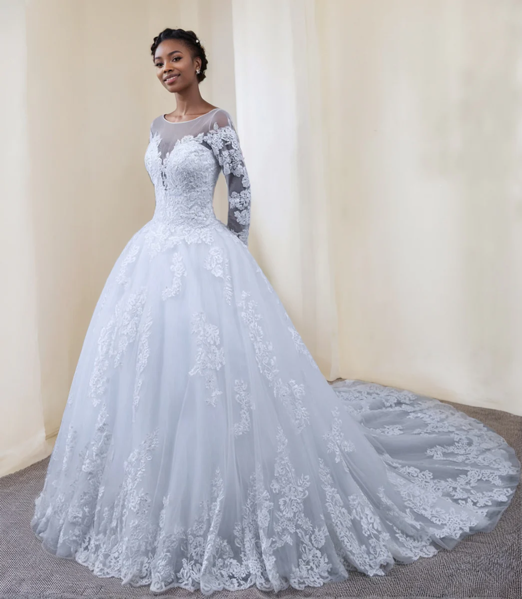 A-Line/Princess Round Neck Long Sleeves Wedding Dresses with Lace Appliques - Image 3