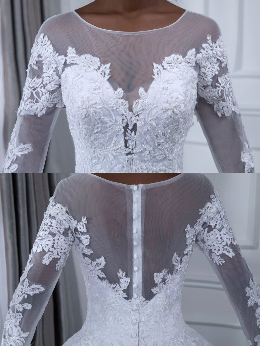 A-Line/Princess Round Neck Long Sleeves Wedding Dresses with Lace Appliques - Image 4