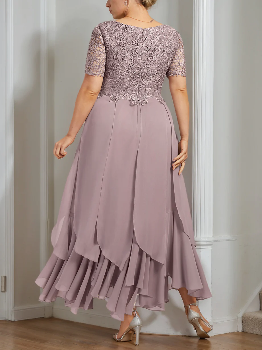 A-Line/Princess Round Neck Short Sleeves Ankle-Length Plus Size Mother of the Bride Dress with Cascading Ruffles - Image 2