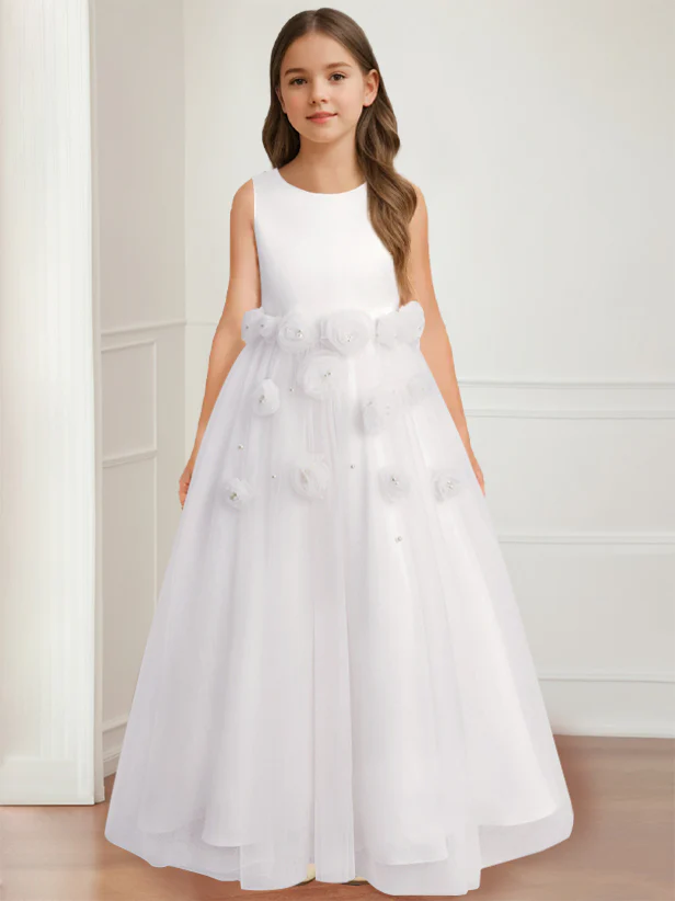 A-Line/Princess Round Neck Sleeveless Floor-Length Flower Girl Dress with 3D floral pattern - Image 16