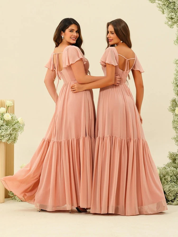 A-Line/Princess Ruffles Floor-Length Short Sleeves Plus Size Bridesmaid Dresses - Image 2