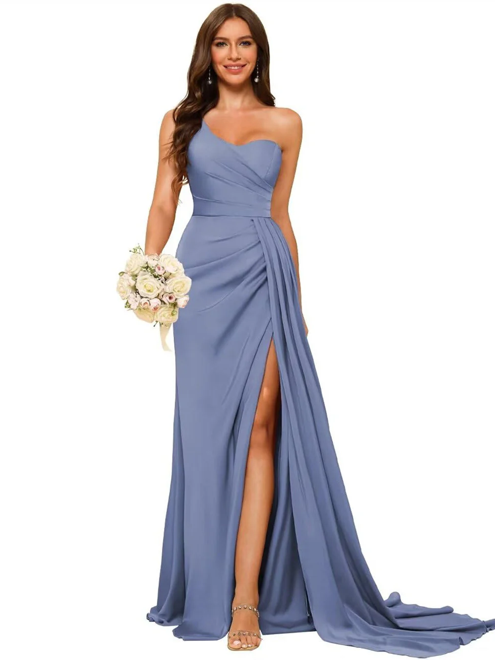 A-Line/Princess Satin One-shoulder Sleeveless Floor-Length Bridesmaid Dresses - Image 21