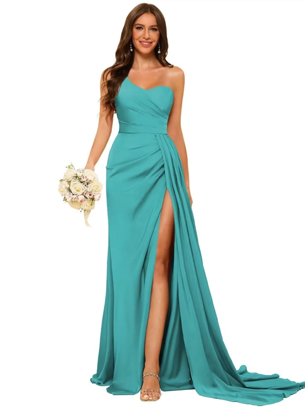 A-Line/Princess Satin One-shoulder Sleeveless Floor-Length Bridesmaid Dresses - Image 3