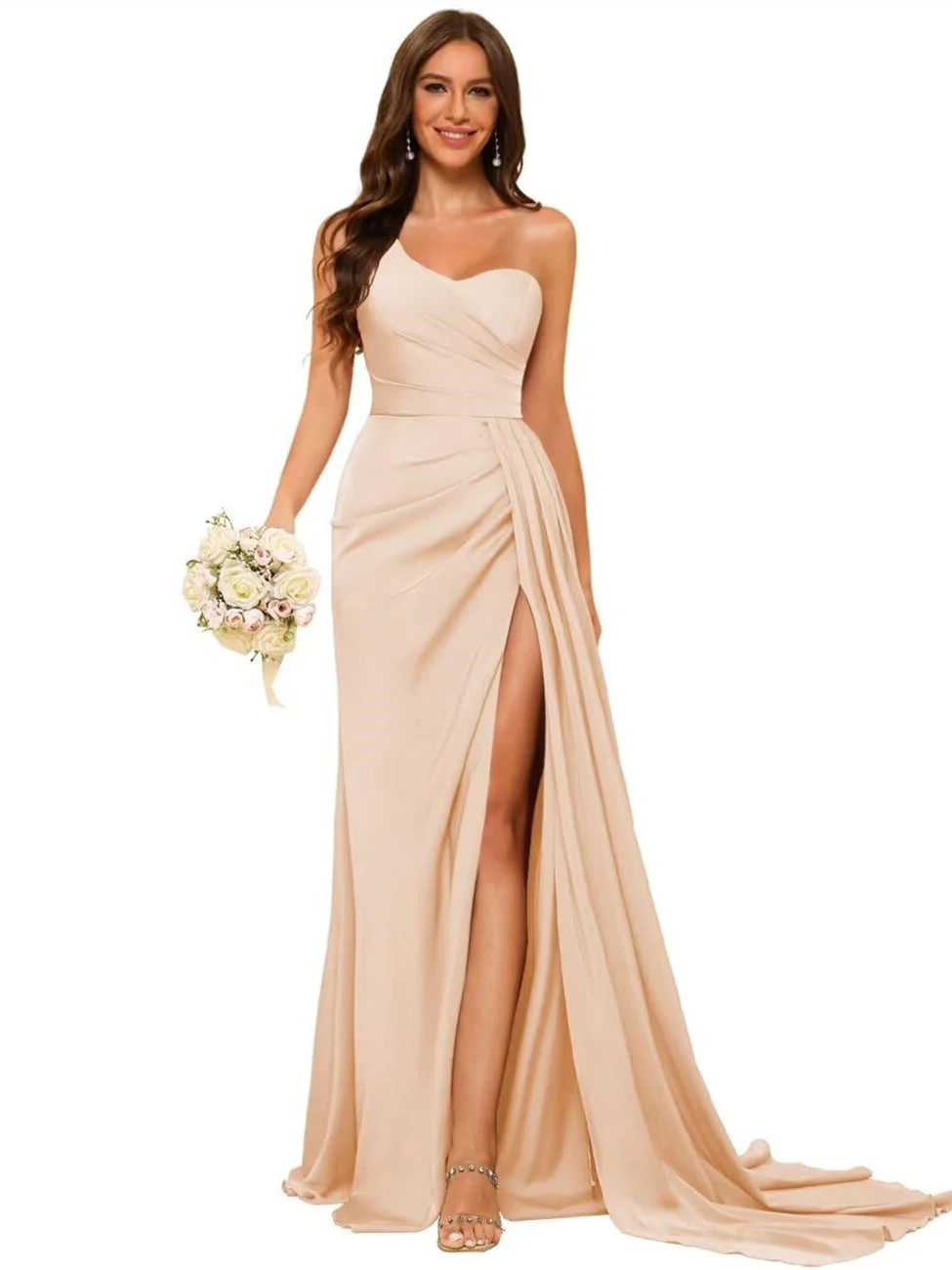 A-Line/Princess Satin One-shoulder Sleeveless Floor-Length Bridesmaid Dresses - Image 41