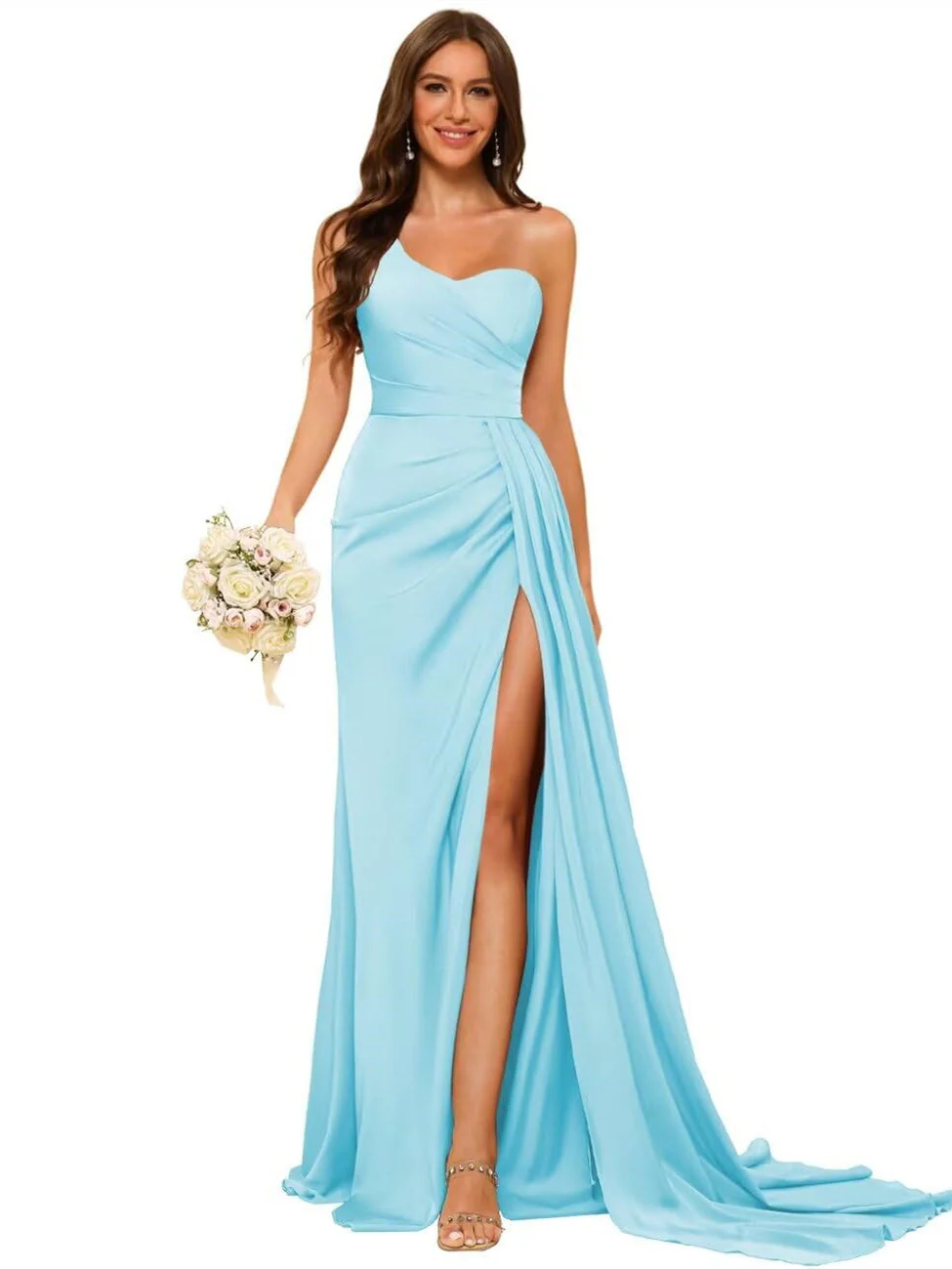 A-Line/Princess Satin One-shoulder Sleeveless Floor-Length Bridesmaid Dresses - Image 42