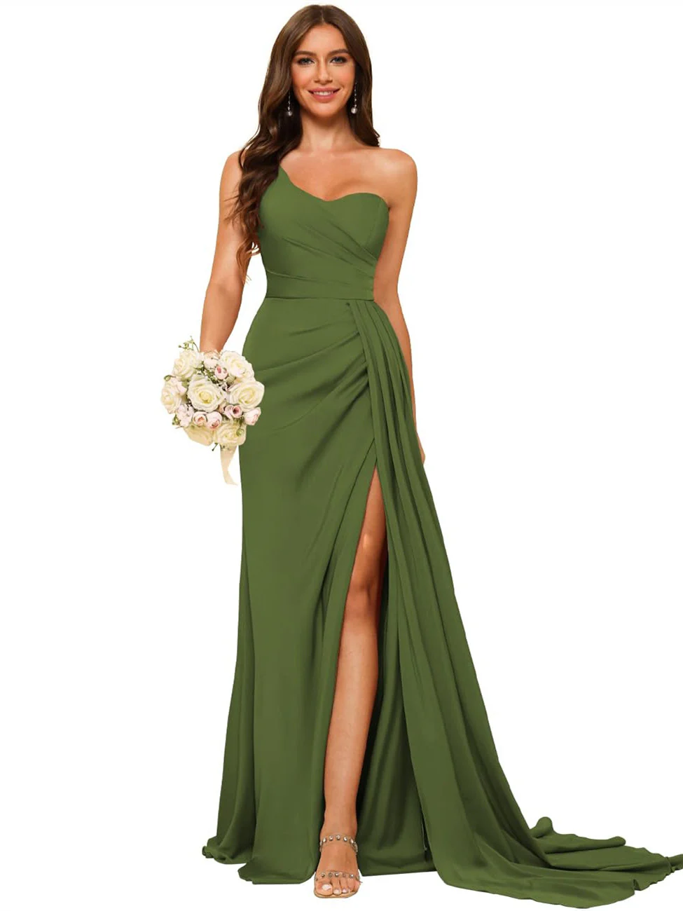 A-Line/Princess Satin One-shoulder Sleeveless Floor-Length Bridesmaid Dresses - Image 44