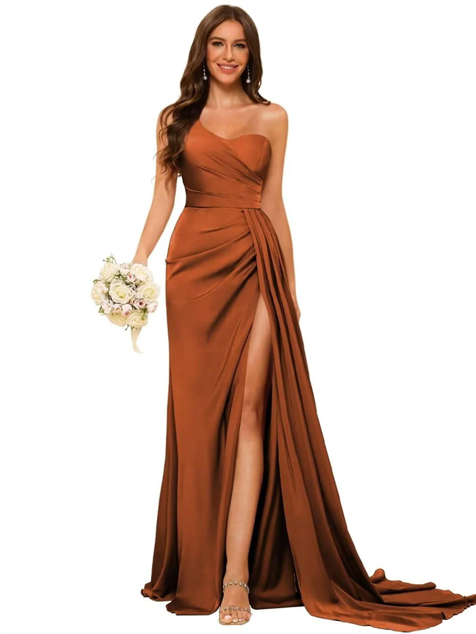 A-Line/Princess Satin One-shoulder Sleeveless Floor-Length Bridesmaid Dresses - Image 7