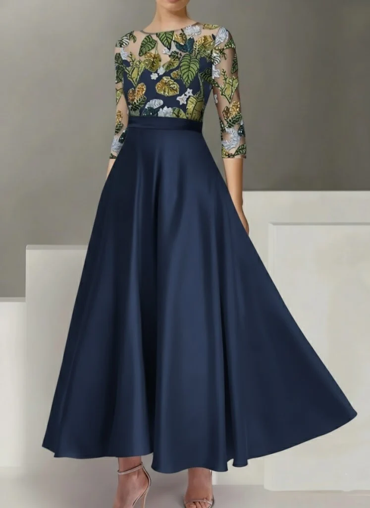 A-Line/Princess Satin Scoop Mother of the Bride Dresses 3/4 Sleeves Ankle-Length Floral Sequins - Image 5