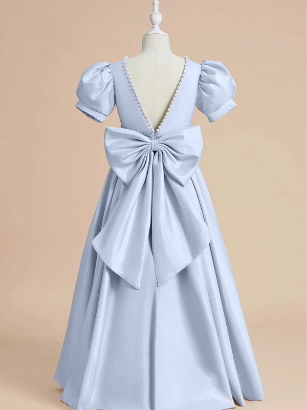 A-Line/Princess Satin Short Sleeves Floor-Length Beading Bow(s) Flower Girl Dresses - Image 2