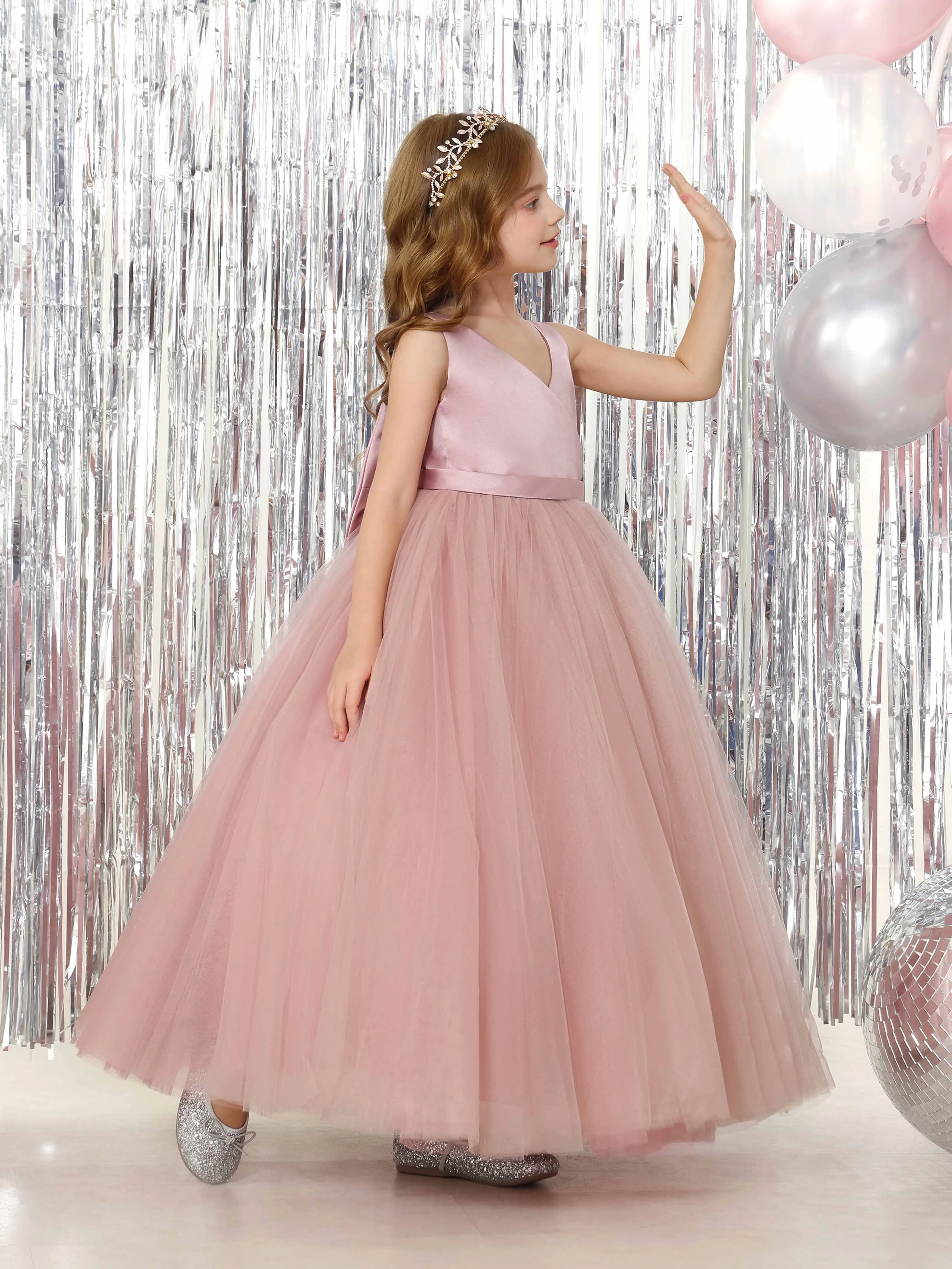 Ball-Gown Satin Sleeveless V-Neck Floor-Length Flower Girl Dresses - Image 8