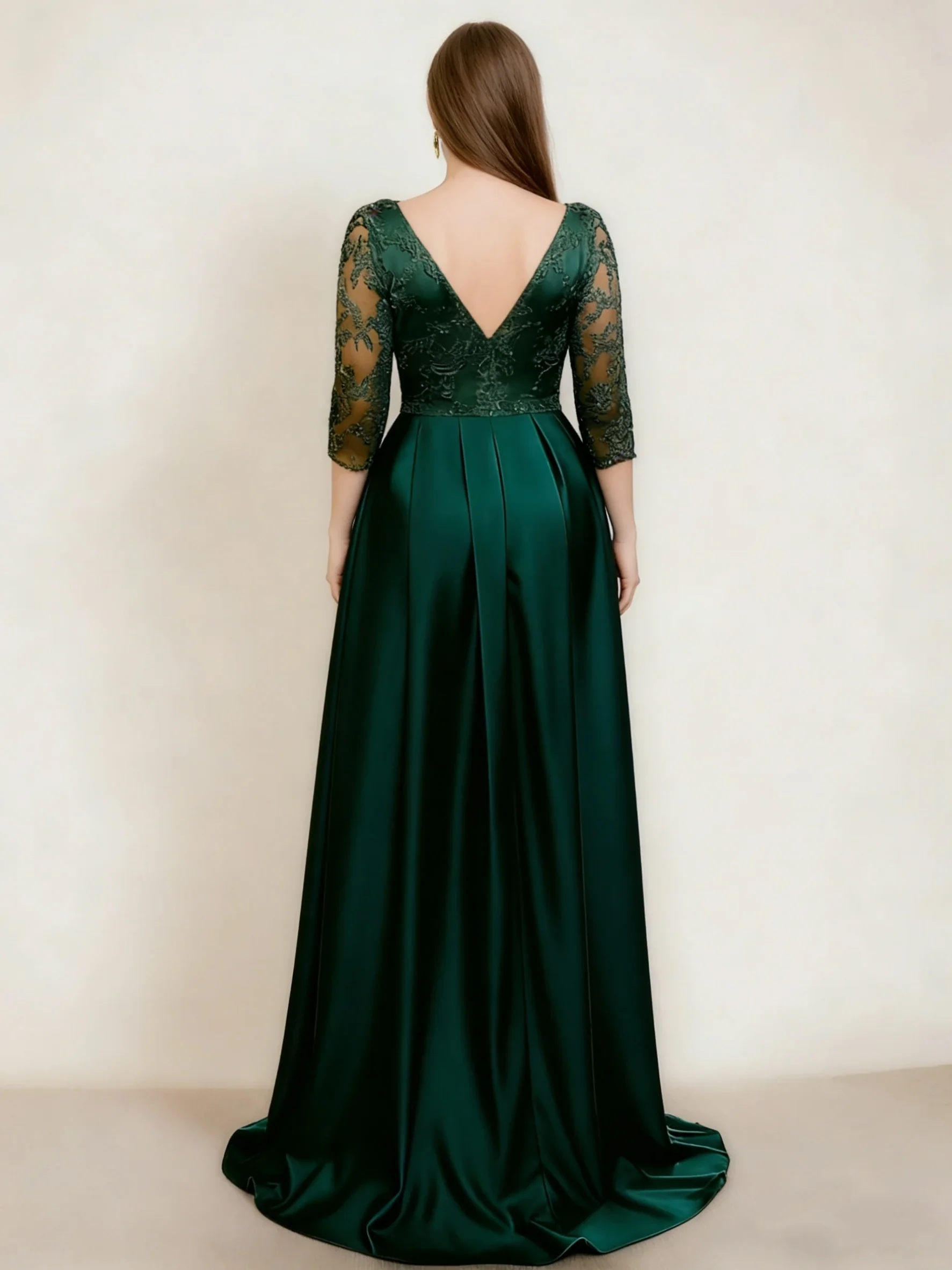 A-Line/Princess Satin V-Neck Mother of the Bride Dresses Lace Ruched 3/4 Sleeves Floor-Length Formal Dress - Image 2