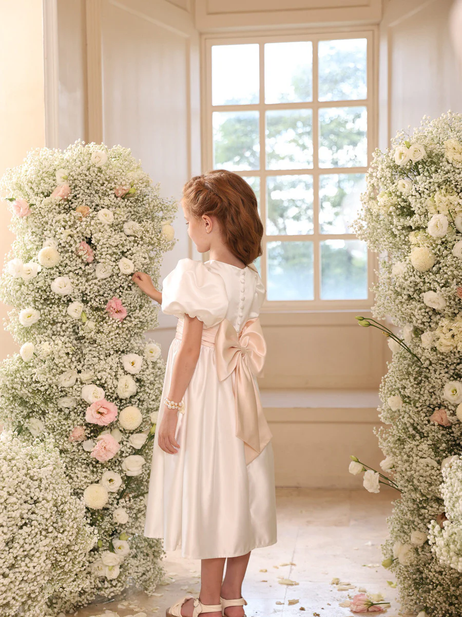 A-Line/Princess Satin V-Neck Short Sleeves Tea-Length Flower Girl Dresses - Image 5