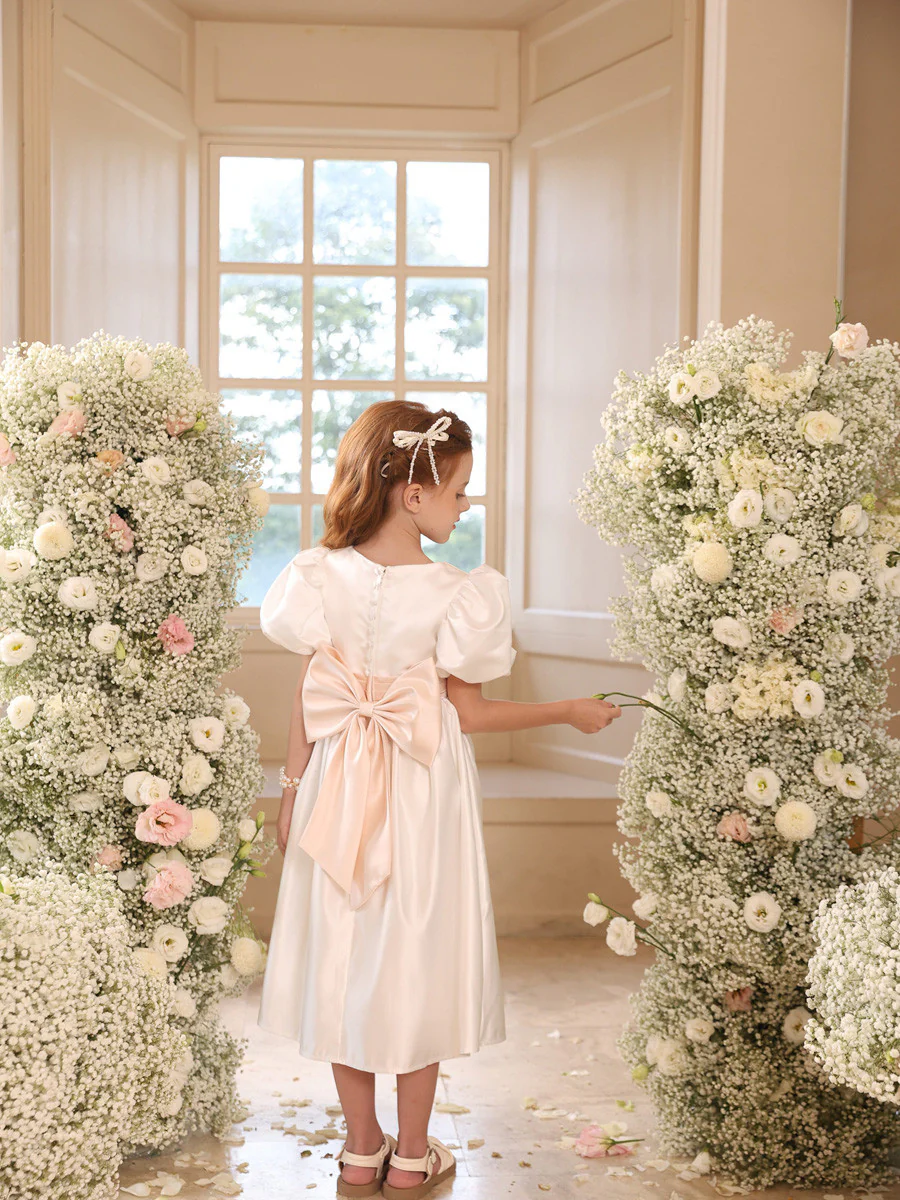 A-Line/Princess Satin V-Neck Short Sleeves Tea-Length Flower Girl Dresses - Image 6