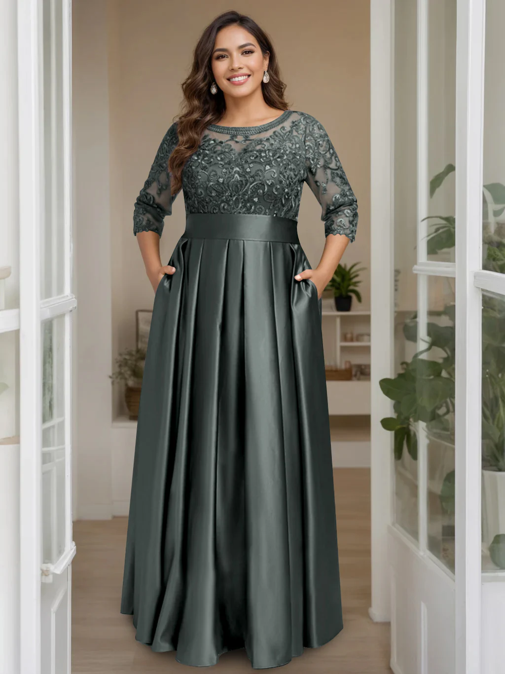 A-Line/Princess Scoop 3/4 Length Sleeves Floor-Length Plus Size Mother of the Bride Dresses with Bow & Sequins - Image 3
