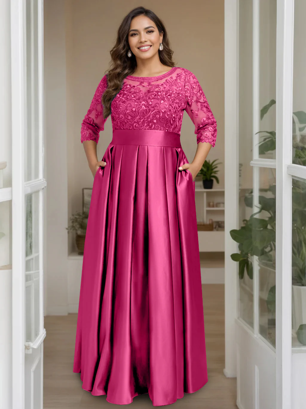 A-Line/Princess Scoop 3/4 Length Sleeves Floor-Length Plus Size Mother of the Bride Dresses with Bow & Sequins - Image 30