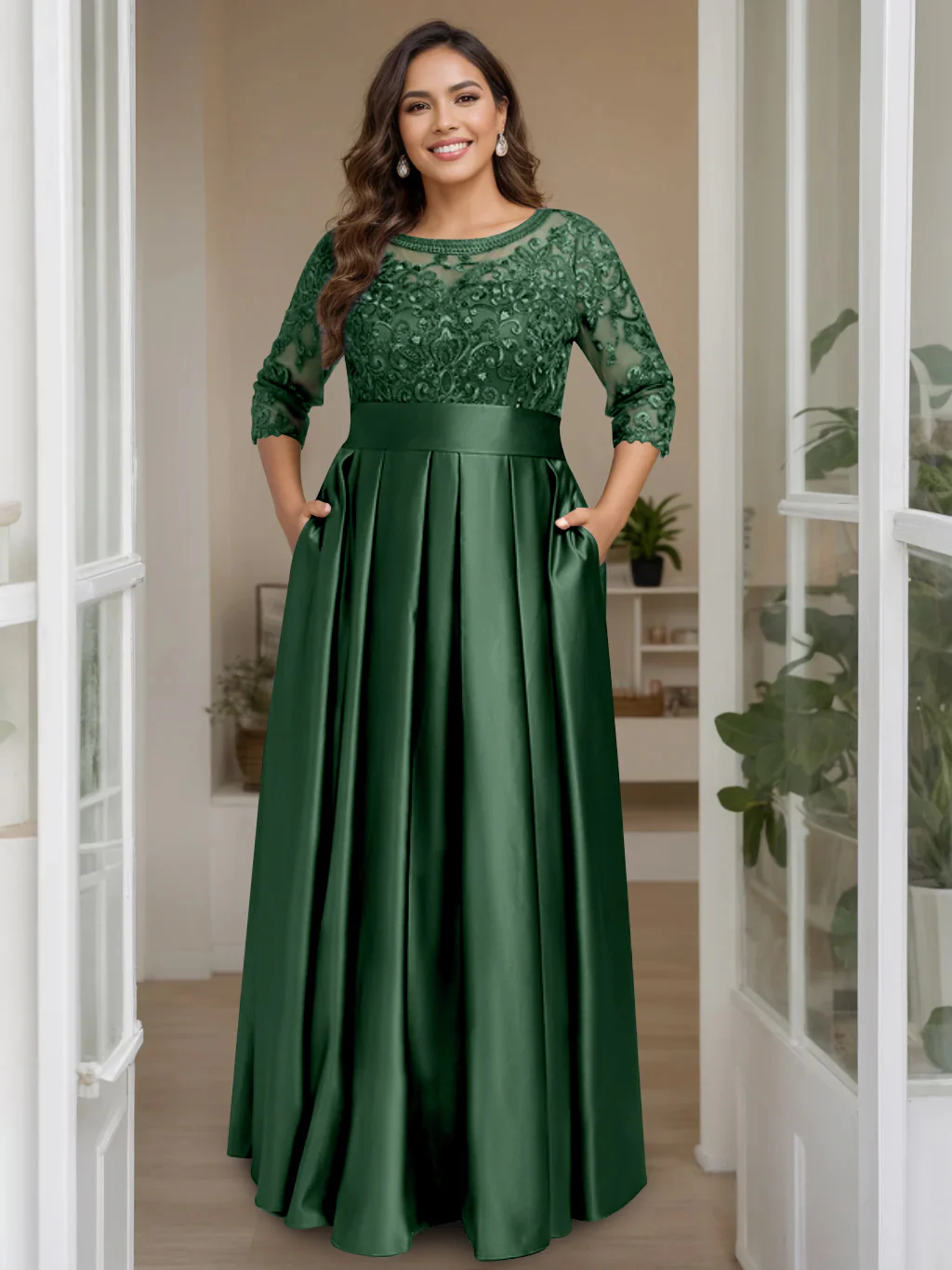A-Line/Princess Scoop 3/4 Length Sleeves Floor-Length Plus Size Mother of the Bride Dresses with Bow & Sequins - Image 33