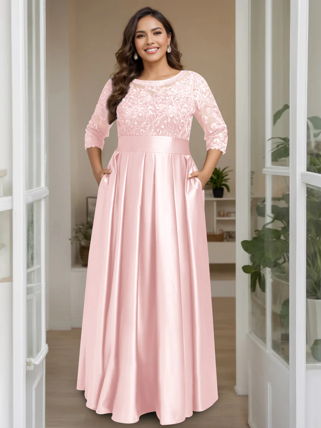 A-Line/Princess Scoop 3/4 Length Sleeves Floor-Length Plus Size Mother of the Bride Dresses with Bow & Sequins - Image 34