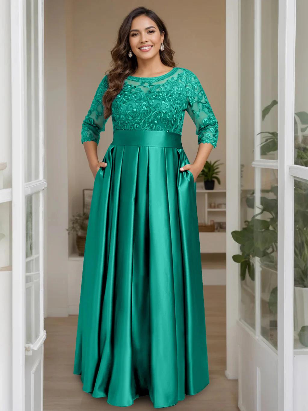 A-Line/Princess Scoop 3/4 Length Sleeves Floor-Length Plus Size Mother of the Bride Dresses with Bow & Sequins - Image 36