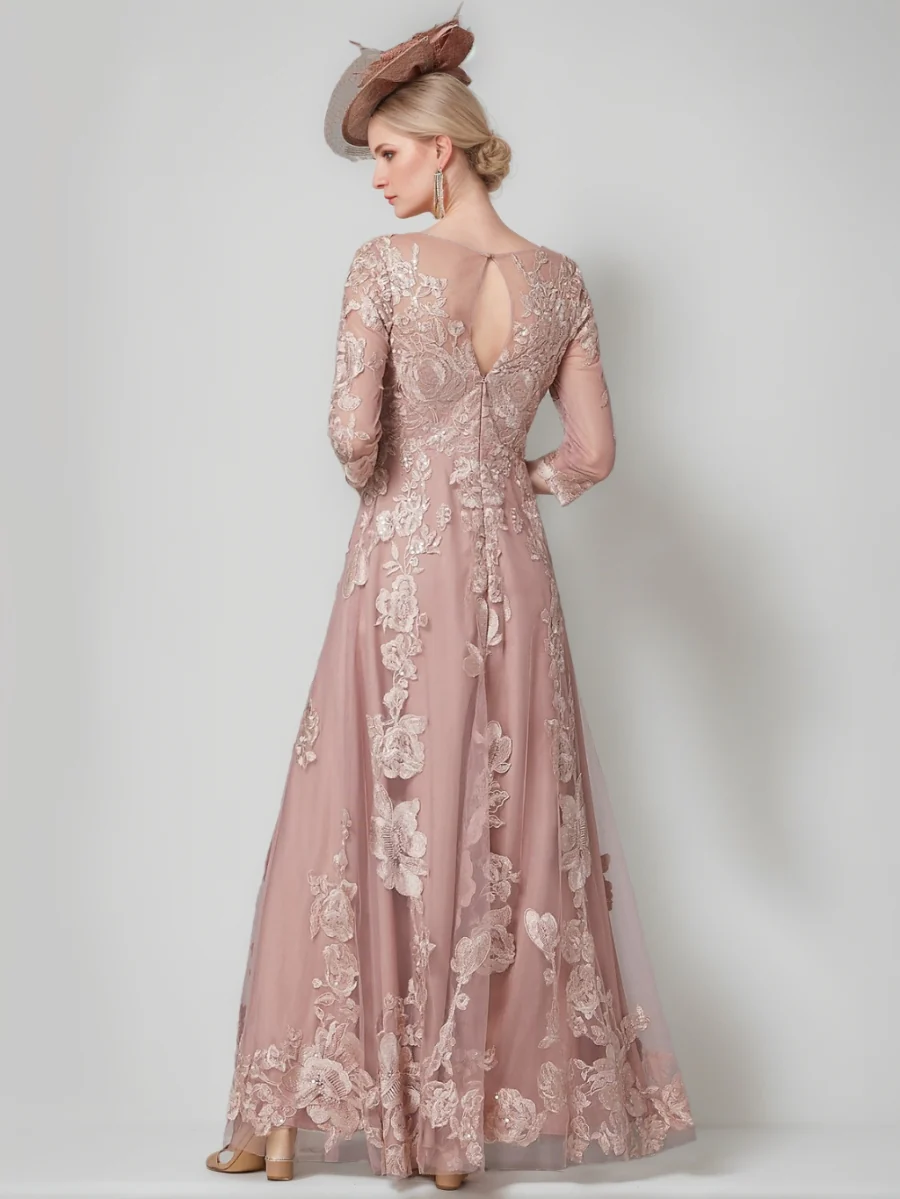 A-Line/Princess Scoop 3/4 Sleeves Lace Mother of the Bride Dresses Floor-Length Evening Dress Formal Dress - Image 2
