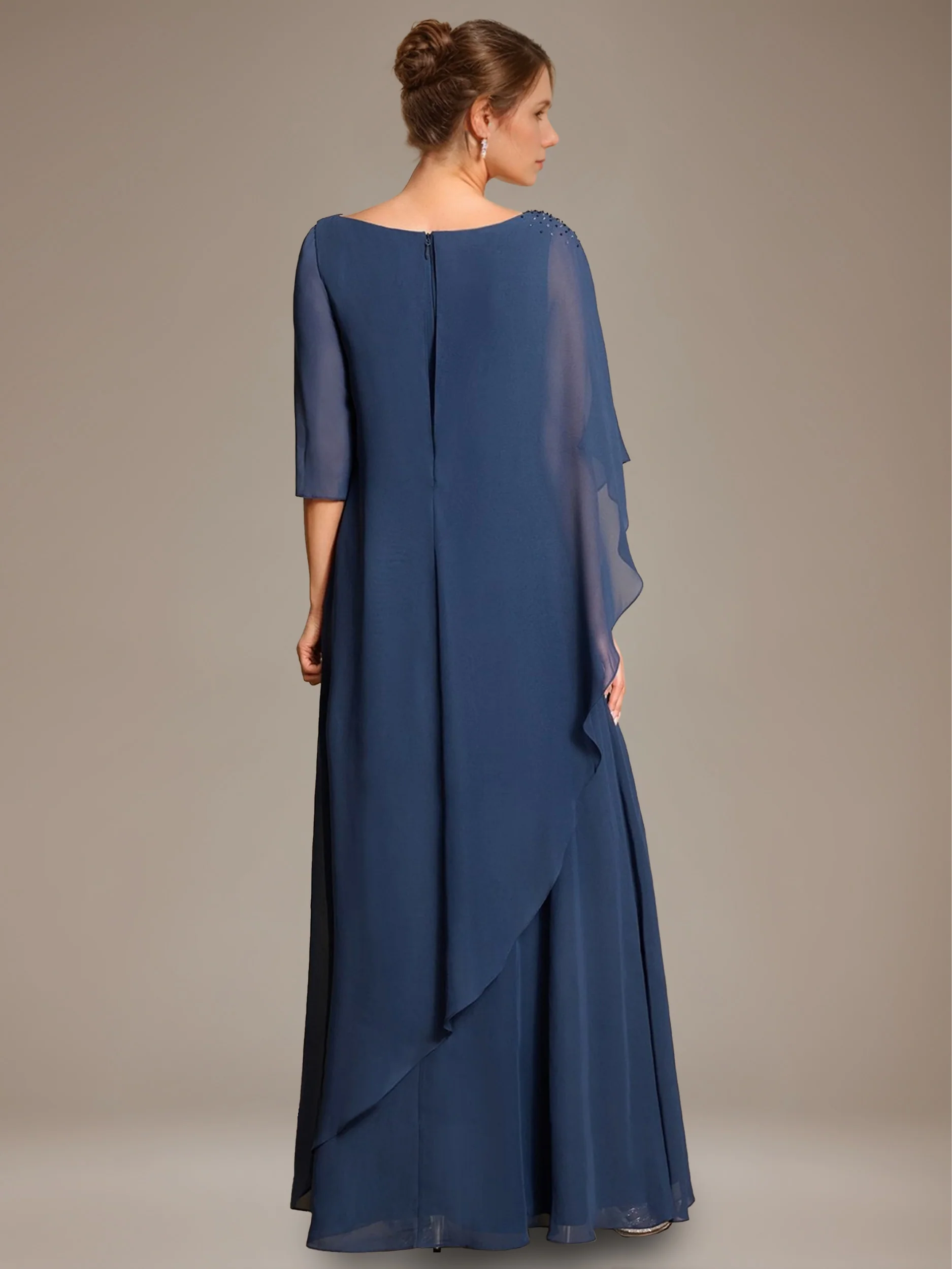 A-Line/Princess Scoop Cape Sleeves Floor-Length Pleated Mother of the Bride Dress with Beads & Ruffles - Image 2