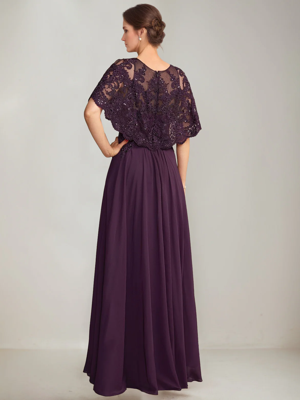 A-Line/Princess Scoop Cape Sleeves Floor-Length Pleated Mother of the Bride Dresses with Lace Appliques & Sequins - Image 2