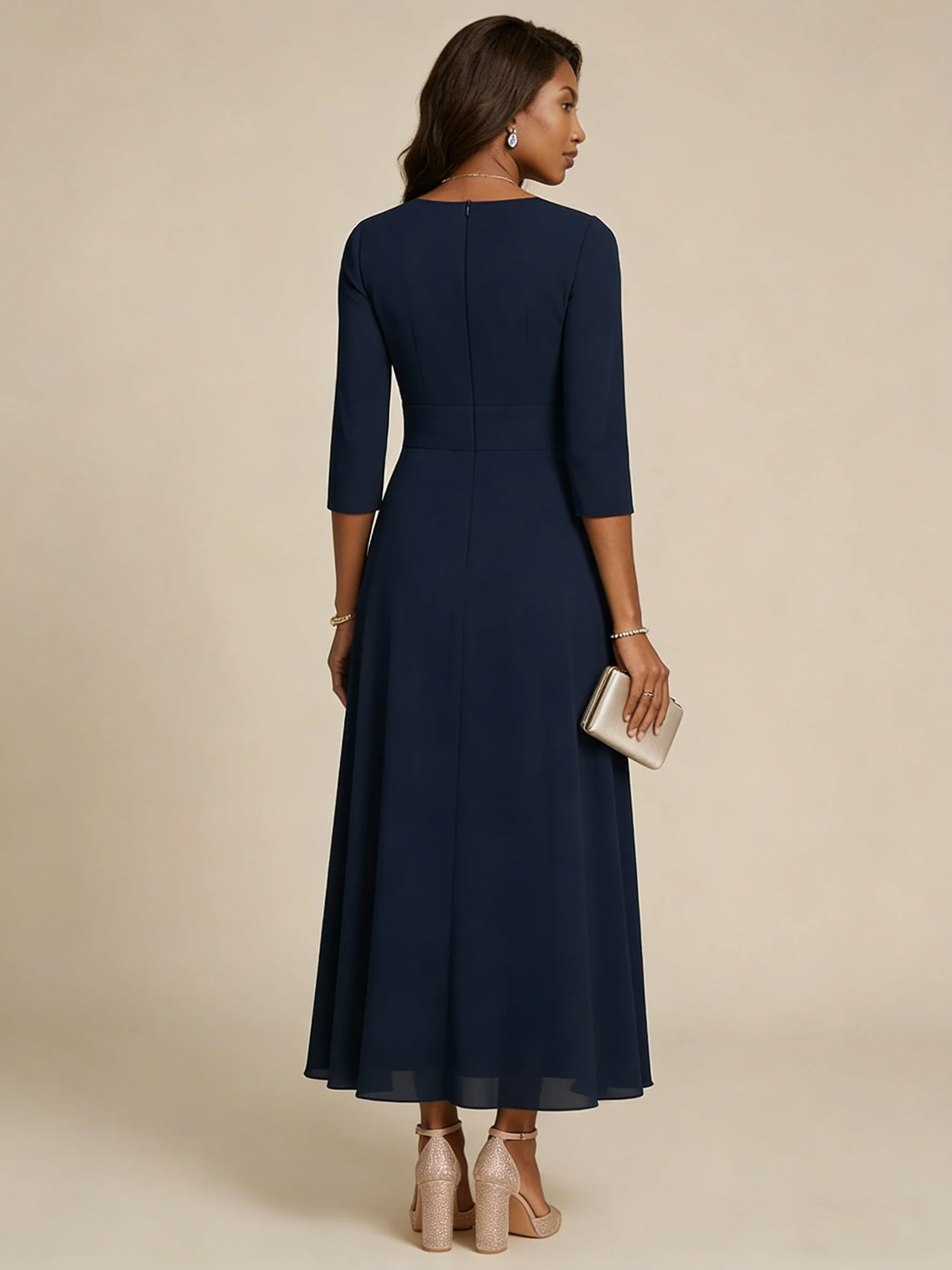A-Line/Princess Scoop Chiffon Mother of the Bride Dresses 3/4 Sleeves Lace Tea-Length Floral - Image 2