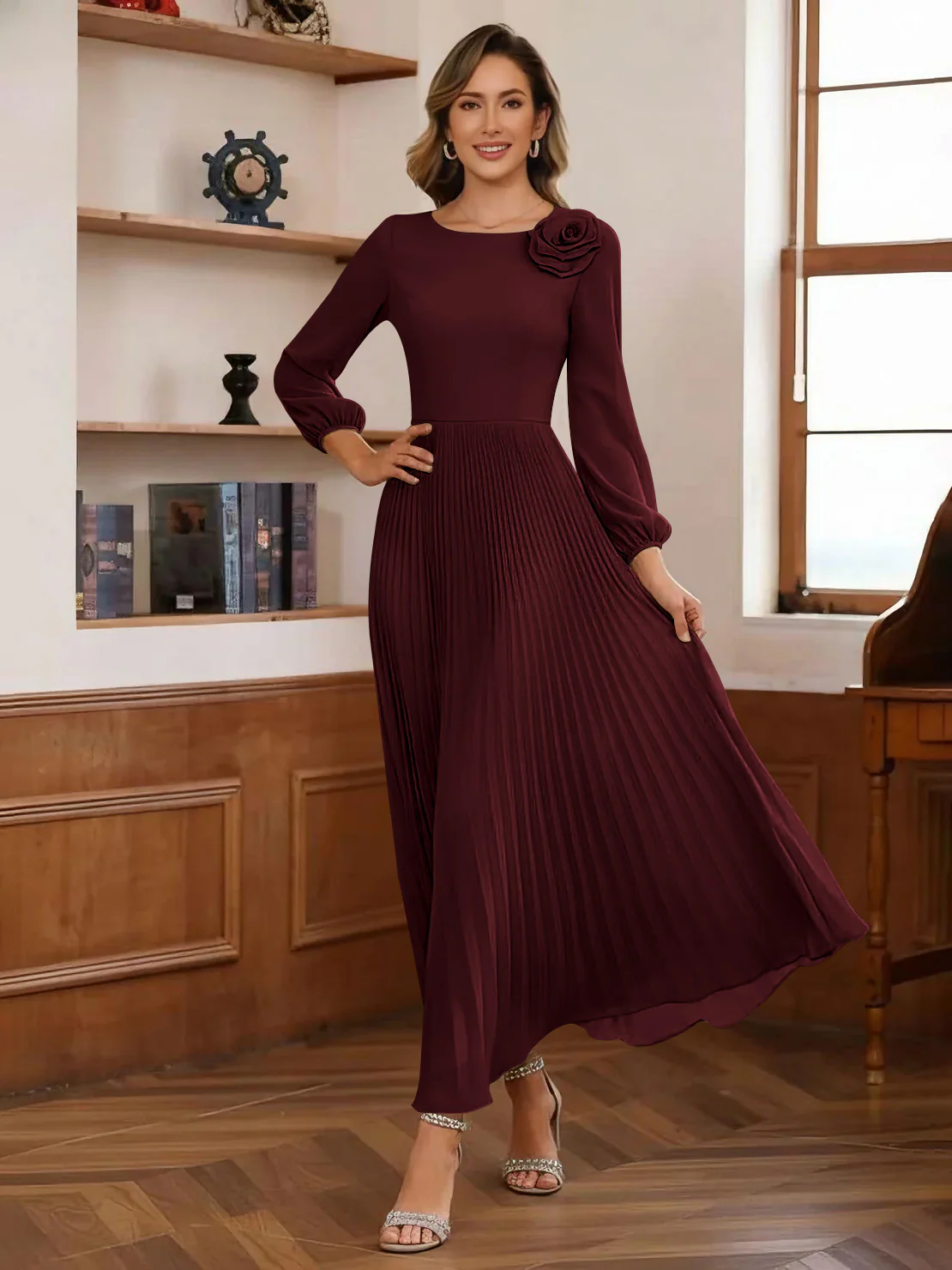 A-Line/Princess Scoop Chiffon Mother of the Bride Dresses Ankle-Length Pleated Long Sleeves Flower - Image 12