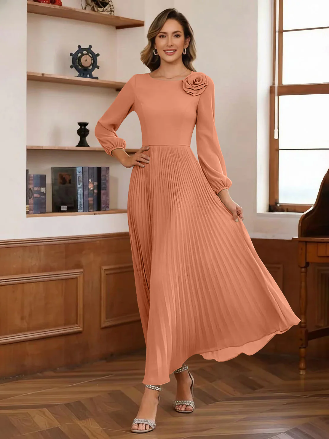 A-Line/Princess Scoop Chiffon Mother of the Bride Dresses Ankle-Length Pleated Long Sleeves Flower - Image 17