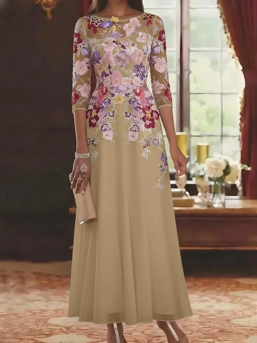 A-Line/Princess Scoop Chiffon Mother of the Bride Dresses Lace Floral Half Sleeves Ankle-Length - Image 11