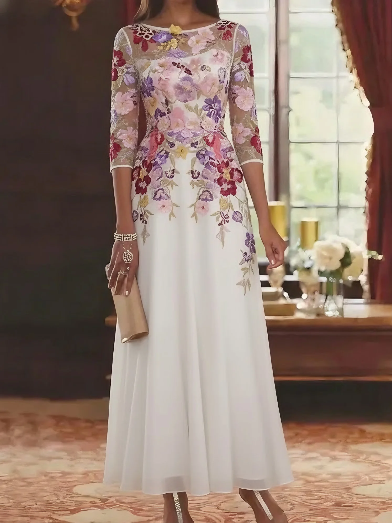 A-Line/Princess Scoop Chiffon Mother of the Bride Dresses Lace Floral Half Sleeves Ankle-Length - Image 5