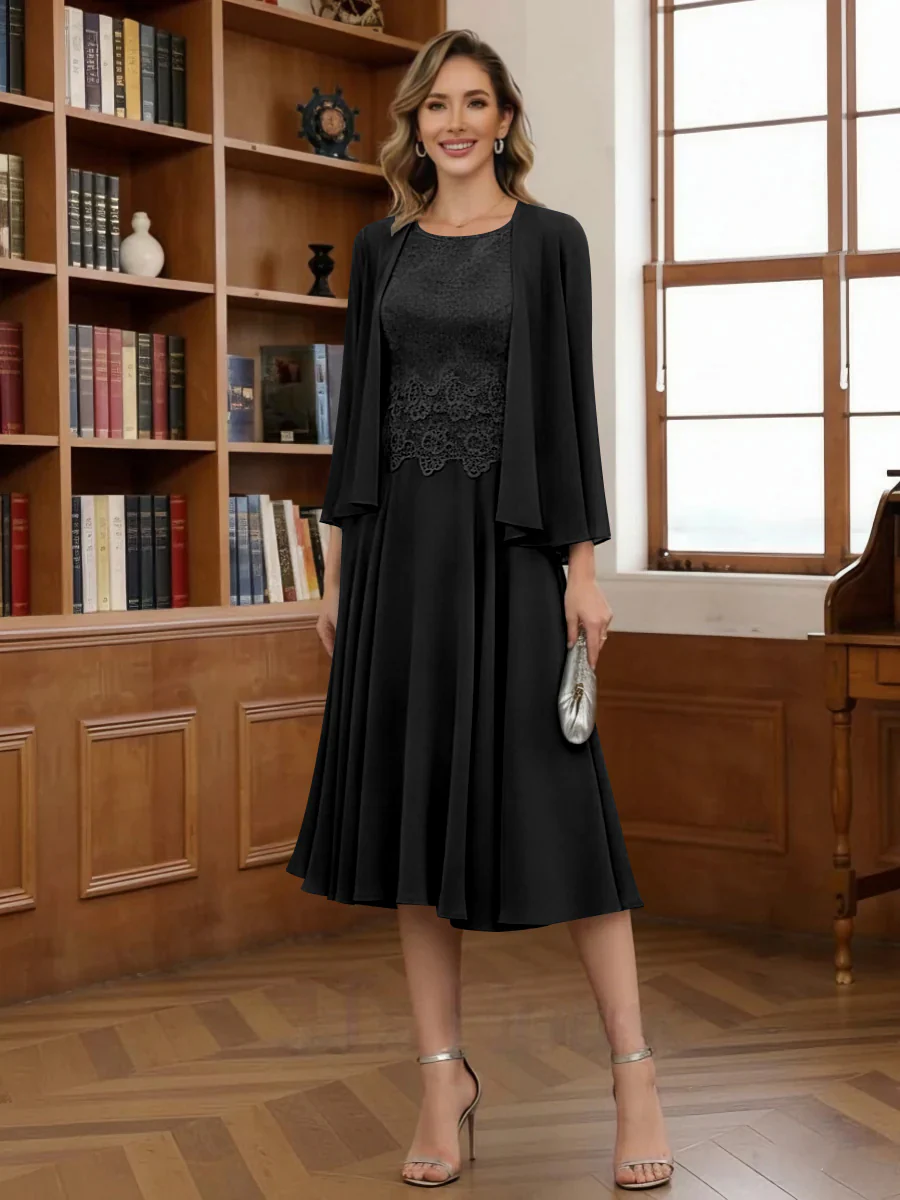 A-Line/Princess Scoop Chiffon Mother of the Bride Dresses with Jacket Tea-Length Long Sleeves Lace - Image 11