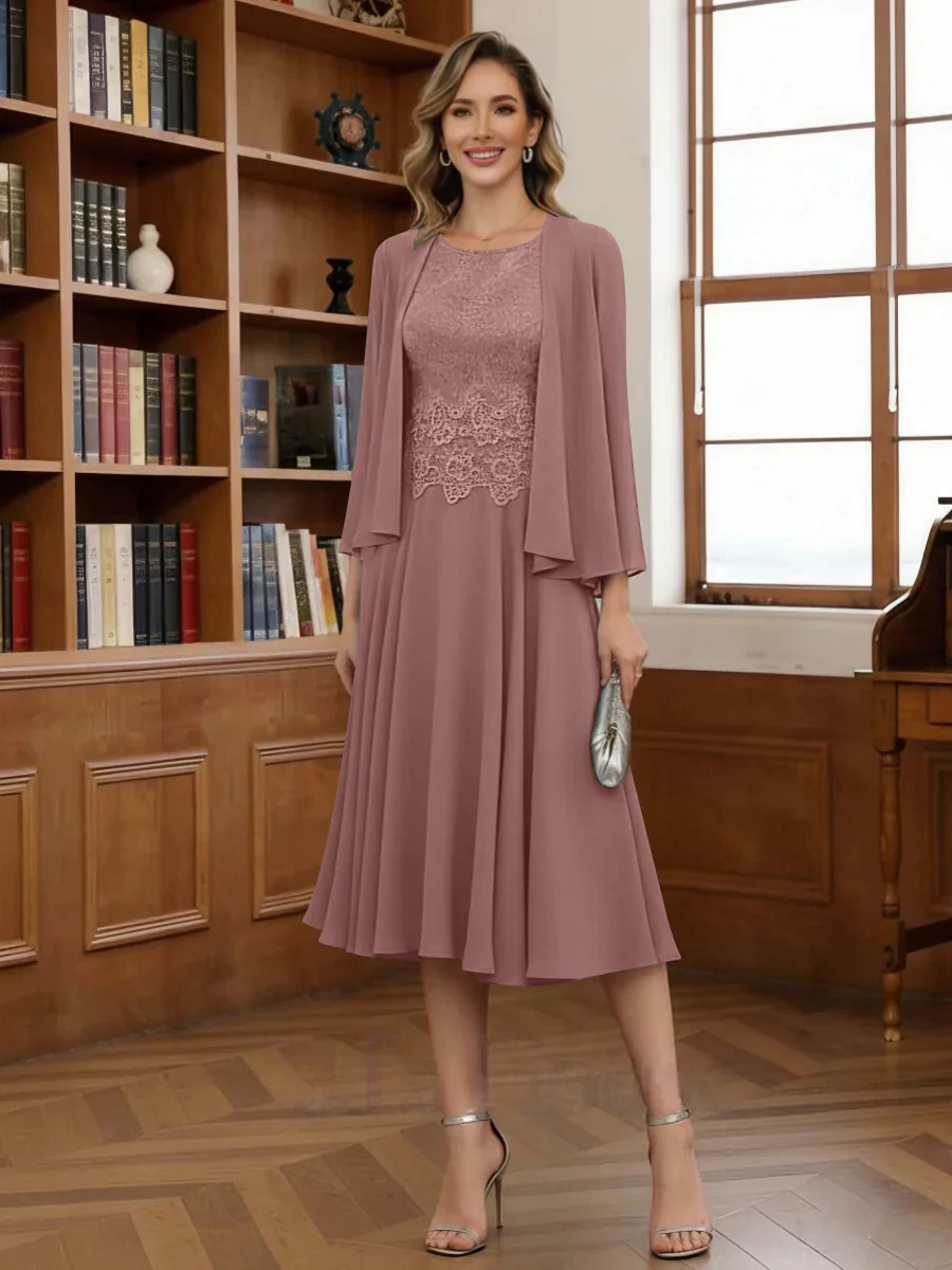 A-Line/Princess Scoop Chiffon Mother of the Bride Dresses with Jacket Tea-Length Long Sleeves Lace - Image 22