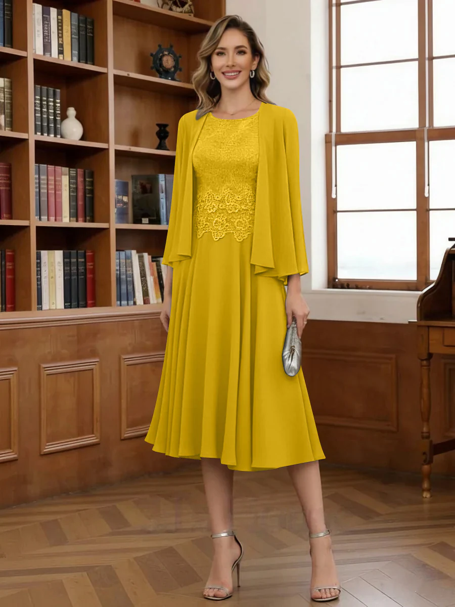 A-Line/Princess Scoop Chiffon Mother of the Bride Dresses with Jacket Tea-Length Long Sleeves Lace - Image 24