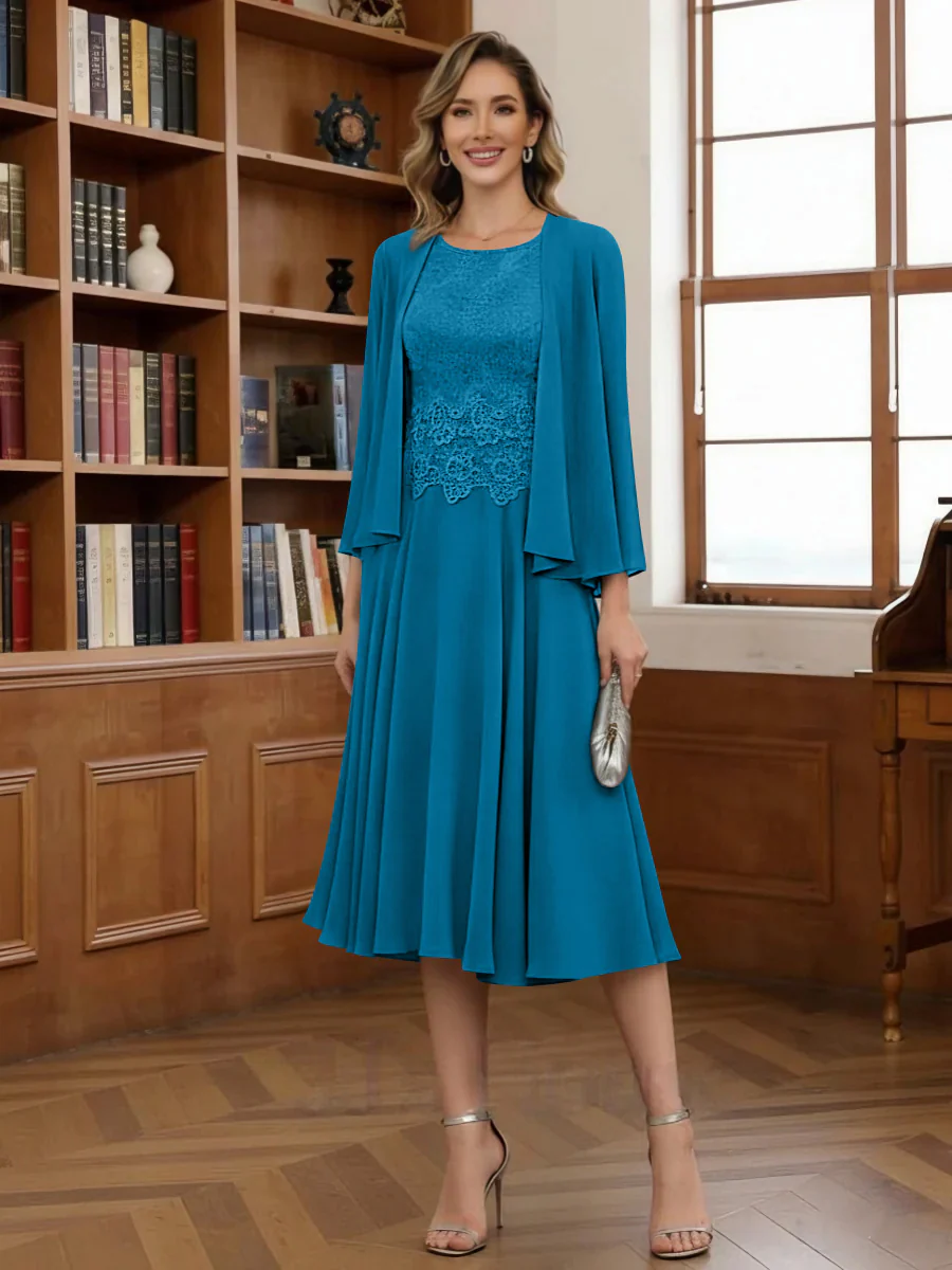A-Line/Princess Scoop Chiffon Mother of the Bride Dresses with Jacket Tea-Length Long Sleeves Lace - Image 34
