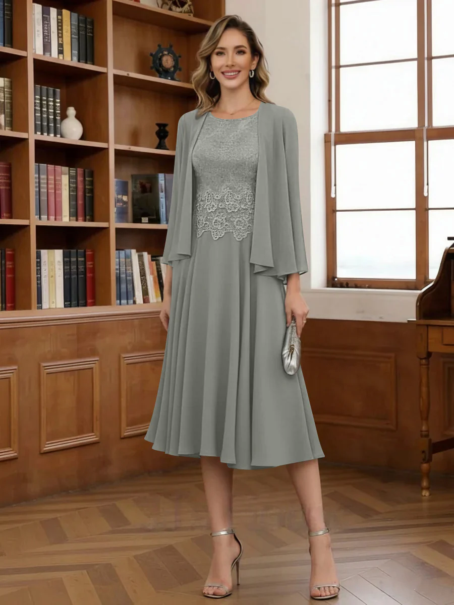 A-Line/Princess Scoop Chiffon Mother of the Bride Dresses with Jacket Tea-Length Long Sleeves Lace - Image 44