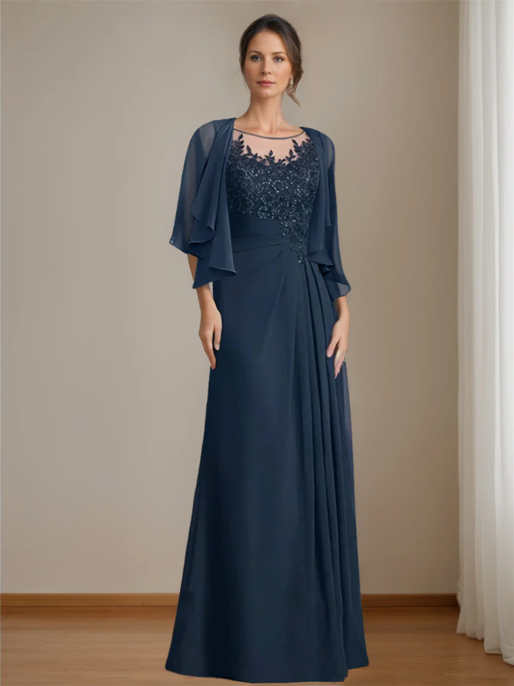 A-Line/Princess Scoop Floor-Length Mother of the Bride Dresses with Pleated & Sequins - Image 4