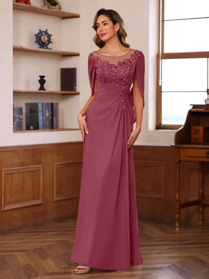 A-Line/Princess Scoop Floor-Length Mother of the Bride Outfits with Pleated & Sequins - Image 20
