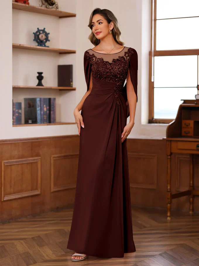 A-Line/Princess Scoop Floor-Length Mother of the Bride Outfits with Pleated & Sequins - Image 24