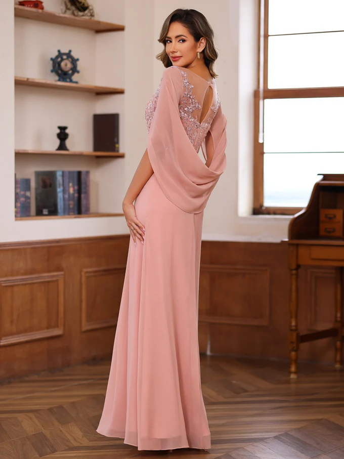 A-Line/Princess Scoop Floor-Length Mother of the Bride Outfits with Pleated & Sequins - Image 5