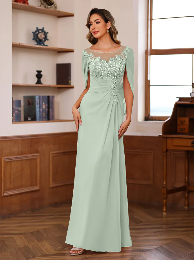 A-Line/Princess Scoop Floor-Length Mother of the Bride Outfits with Pleated & Sequins - Image 51