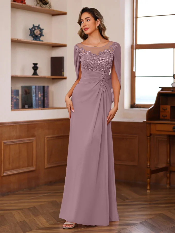 A-Line/Princess Scoop Floor-Length Mother of the Bride Outfits with Pleated & Sequins - Image 60