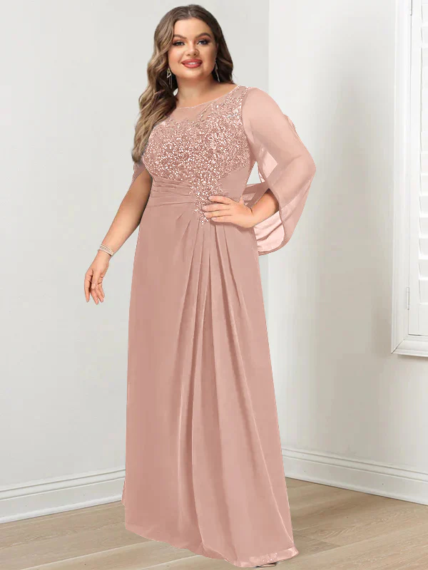 A-Line/Princess Scoop Floor-Length Plus Size Mother of the Bride Dresses with Pleated & Sequins - Image 15