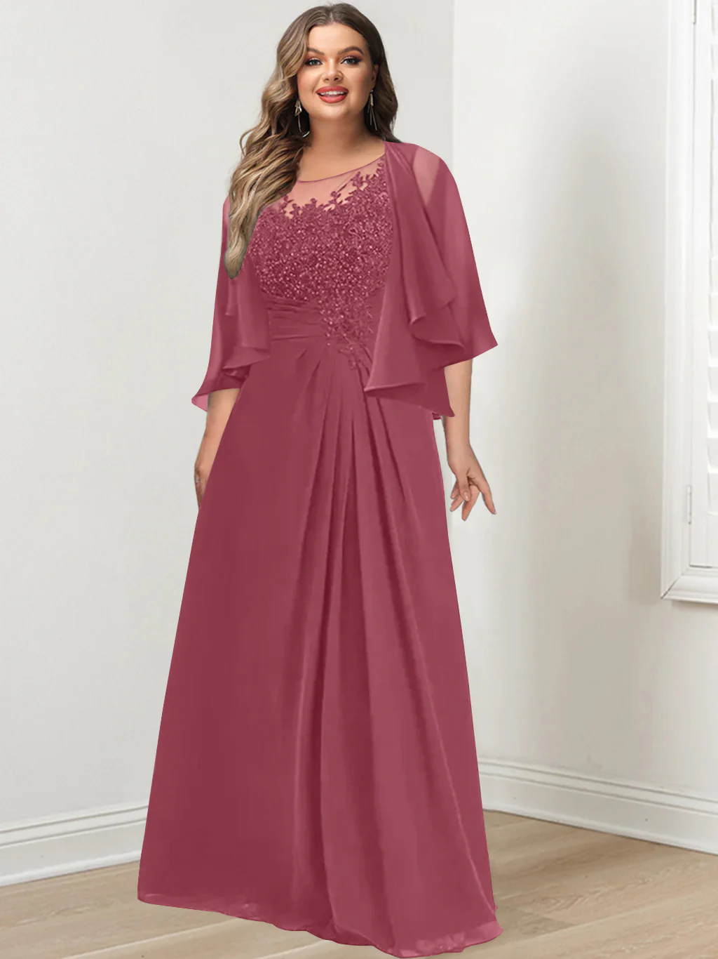 A-Line/Princess Scoop Floor-Length Plus Size Mother of the Bride Dresses with Pleated & Sequins - Image 12