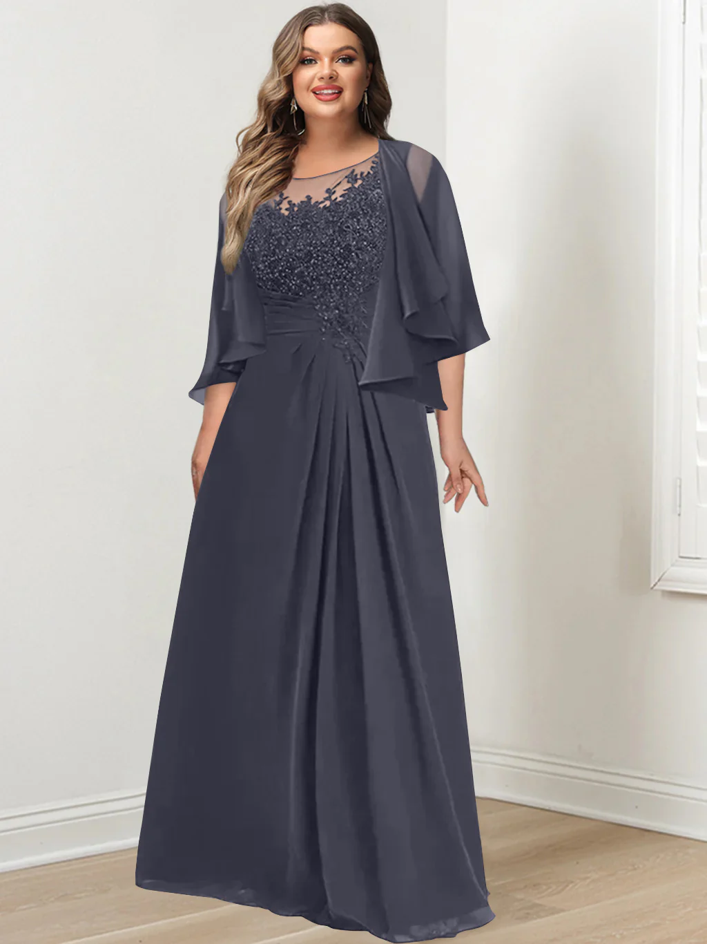 A-Line/Princess Scoop Floor-Length Plus Size Mother of the Bride Dresses with Pleated & Sequins - Image 20